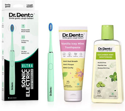 Dr.Dento Ultra Electric Toothbrush Jade Green + Vegan Vanilla Icey Mint Toothpaste 125g & Alcohol-Free Cucumber Mint Mouthwash 300ml(3 Items in the set)