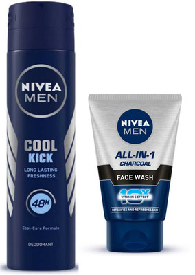 NIVEA COOL KICK MEN DEODORANT SPARY & ALL IN ONE CHARCOAL FACE WASH 100 ML(2 Items in the set)