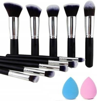wryak 10 Pieces Makeup Brushes Set Tool Pro Foundation Eyeliner Eyeshadow (Black) + 2 Sponge Puff(12 Items in the set)