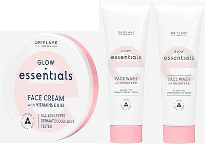 Oriflame Sweden Glow Essentials Face Cream with Vitamins E & B3-75ml with Face Wash with Vitamins E & B3-125ml{2pcs}.(3 Items in the set)