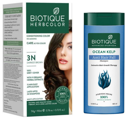 BIOTIQUE Conditioning Hair Color 3N Darkest Brown & Ocean Kelp Shampoo 180 ML (2 Items in the set)