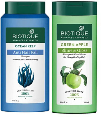 BIOTIQUE Bio Kelp Protein Shampoo Hair Regrowth Treatment, 180ml & Green Apple Fresh Shampoo and Conditioner Hair, 180m Combo Set(2 Items in the set)