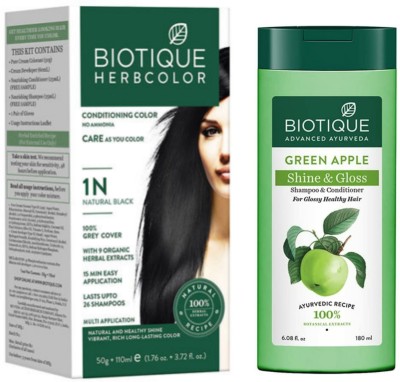 BIOTIQUE Conditioning Hair Color 1N Natural Black & Green Apple Shampoo 180 ML  (2 Items in the set)