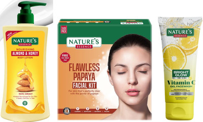 Nature's Nourishing Almond & Honey Body Lotion (400ml)Advanced Flawless Papaya Facial Kit (60g)Bright Glow Vitamin C Face Wash (50ml)(3 Items in the set)