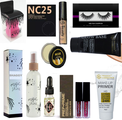 SHAGGY Makeup Combo kit with Comoact Powder,CONCEALOR,EYELASH,FOUNDATION-FIXER-PRIMER-FACE OIL,2 LIQUID LIPSTIC ,1 PUF(10 Items in the set)