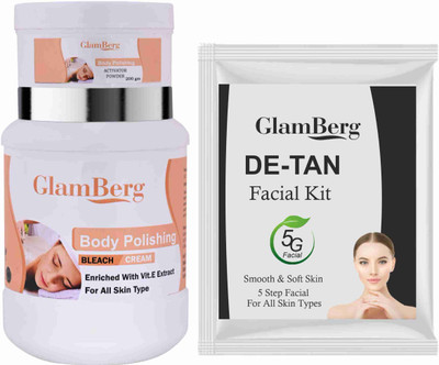 Glamberg Body Polishing Bleach Cream With Activator + De-Tan Facial Kit 5 in 1(2 Items in the set)