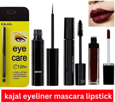 SIYDHA Kajal Eyeliner Mascara Black Waterproof Combo For Women With Matte Maroon Colour Lipstick { Set Of 4 Items }(4 Items in the set)