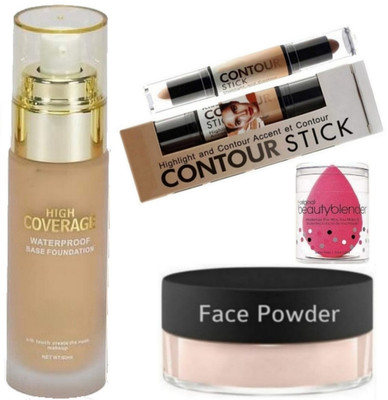 LOVE HUDA Professional Makeup Combo Waterproof High Coverage Foundation, 2 In 1 Concealer, Loose Face Powder(3 Items in the set)