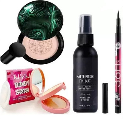 PLESSIS BB and CC Cream Foundation With Mushroom Head Air Cushion, Compact, Fixer & 36H Eyeliner(4 Items in the set)