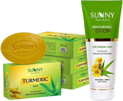 Sunny Herbals Moisturizing Lotion (With Aloevera & Calendula)-100 Ml and Turmeric Soap-75gm x 4(5 Items in the set)