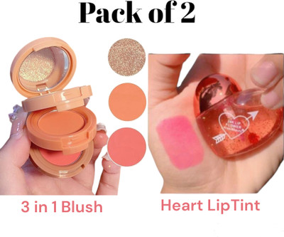 BRM TRADERS 3 in 1 mini face blusher + highlihger with compact palette & Heart Shaped Lip Stain Gloss in Random Color Packing (Pack of 2)(2 Items in the set)
