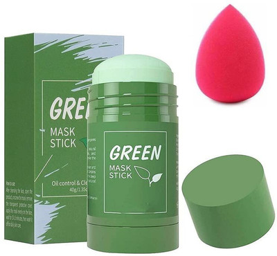 Lusty soul Combo Anti-Acne Solid Green Tea Purifying Clay Stick Mask, With Makeup Blender Set Of 2(2 Items in the set)