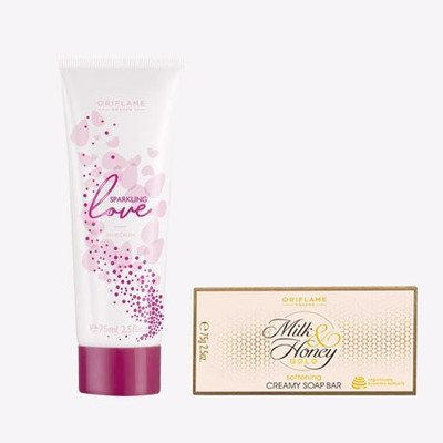 Oriflame Sparkling Love Hand Cream 75 ml with MILK & HONEY GOLD Softening Creamy Soap Bar 100 g(2 Items in the set)