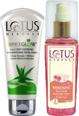 LOTUS HERBALS WhiteGlow Rosetone Toner 100ml & Whiteglow 3 in 1 Facial Foam 100g(2 Items in the set)