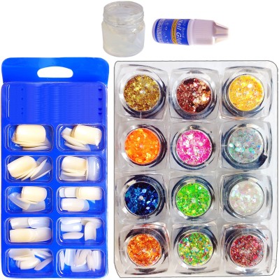 vizo Chunky Glitter Powder with 100 Artificial Nail, Nail-Glue & Glitter-Glue(15 Items in the set)