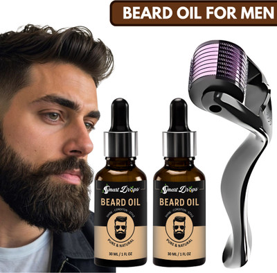 smartdrops Beard Growth Oil With Argan Oil, jojoba oil Healthier and shiner Hair & Derma roller 0.5mm for hair Growth(2 Items in the set)