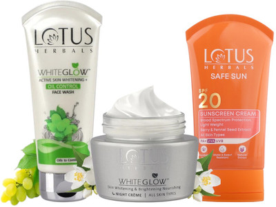 LOTUS HERBALS WhiteGlow Brightening & Nourishing Night Cream 40G, Brightening + Oil Control Facewash 50G & Safe Sunscreen Cream PA+ SPF 20 50G(3 Items in the set) LOTUS HERBALS WhiteGlow Brightening & Nourishing Night Cream 40G, Brightening + Oil Control Facewash 50G & Safe Sunscreen Cream PA+ SPF 20 50G(3 Items in the set)