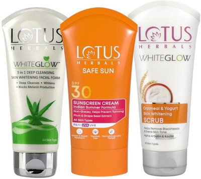 LOTUS HERBALS WhiteGlow 3 In 1 Skin Brightening Facial Foam 50g, Oatmeal & Yogurt Scrub 50g with Safe Sun Sunscreen Cream SPF 30 PA++ 50g(3 Items in the set)