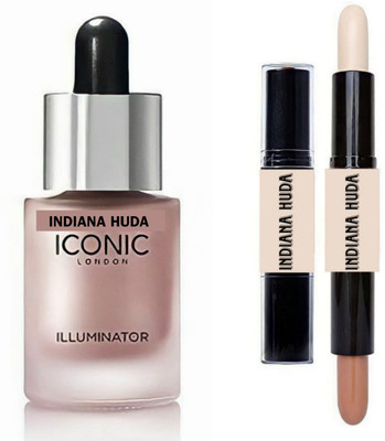 INDIANA HUDA BLOSSOM (Peachy Rose Gold)Iconic illuminator highlighter & Dual-Ended, 2 IN 1 Contour Stick FOR FACE Contouring(2 Items in the set)