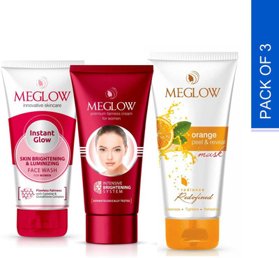 meglow Fairness Cream for Women 50g & Instant Glow Facewash 70g with Orange Peel & Reveal Mask 70g Combo- Pack of 3(3 Items in the set)