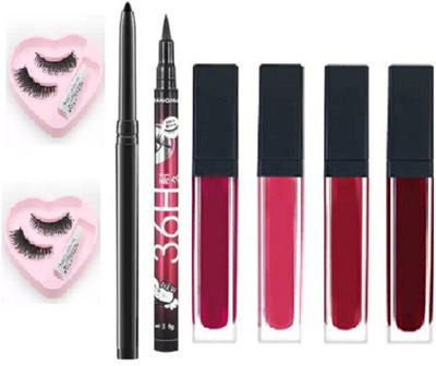 APPARA Long Lasting Kajal+36H Eye Liner + 2 False Eyelashes pairs with glue + Liquid Matte Red Edition Lipstick set of 4 (8 Items )(8 Items in the set)