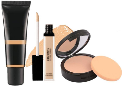 HUZURLU perfect long lasting foundation & liquid full coverage concealer with oil free compact powder combo kit(3 Items in the set)
