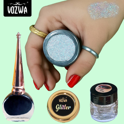VOZWA Shine & Define – Holographic Glitter Silver, Glue & Eyeliner Set(3 Items in the set)