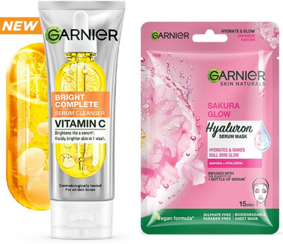Garnier Men Bright Complete Vitamin C Cleanser Serum Face Wash-100g+SAKURA GLOW MASK-28g(2 Items in the set)
