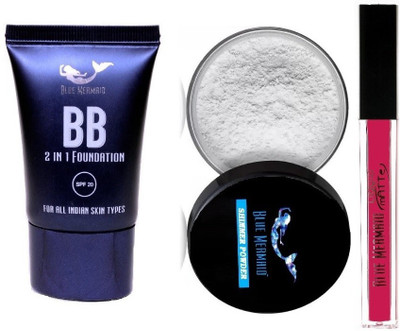 BLUEMERMAID WATERPROOF BEST COMBO KIT BEST LIQUID PINK MATTE LIPSTICK COLOR CHANGING HIGHLIGHTER & TUBE FOUNDATION(3 Items in the set)
