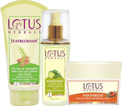 LOTUS HERBALS Double-up Moisturization Set ( Tea Tree Face Wash_ 120 gm + Basiltone _ 80 ml + Papayablem _50gm )(3 Items in the set)