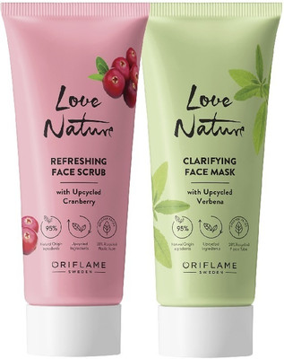 Oriflame Sweden LOVE NATURE Refreshing Face Scrub with Upcycled Cranberry & Clarifying Face Mask with Upcycled Verbena combo(2 Items in the set)