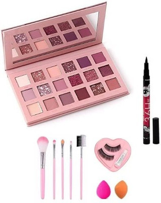 J & F 18 Color Eyeshadow Palette With 5 PCs Makeup Brush & 36 Hours Kajal ( Eye Liner ) & Eyelashes & 2 Sponge Puff(5 Items in the set)