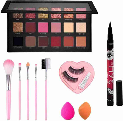 Hezruck 18 Colour Eyeshadow Palette Different Shades of ROSEGOLD with 5 Pc Makeup Brushes, Eyelash & 36H Eyeliner+ 2 Pc Blender Puff(10 Items in the set)