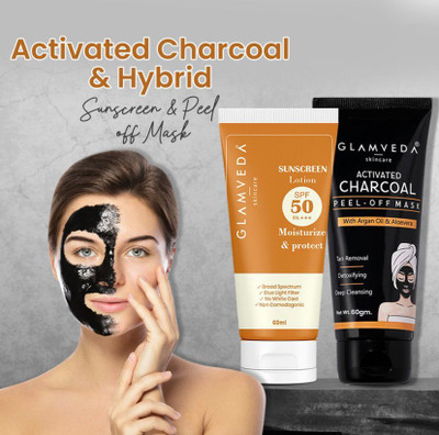 GLAMVEDA Activated Charcoal Peel Off Mask & Hybrid Sunscreen Lotion Spf 50 PA+++ Moisturize & Protect 60gm(2 Items in the set)