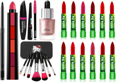 SUBHMUN 3in1 Eyeliner Mascara Eyebrow Pencil & 5 Step Lipsticks & Set of 7 Makeup Brush & Illuminator Highlighter(6 Items in the set)