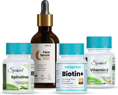 myUpchar Complete Skin Health Face Serum Combo with Vitamin E, Spirulina & Biotin(4 Items in the set)