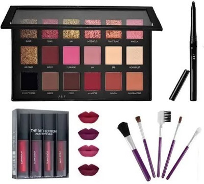 wryak Rose Gold Eyeshadow Palette with 5 Pc Makeup Brush , 4 in 1 Matte Red Edition Lipstick & Black kajal (4 Items in the set)(4 Items in the set)