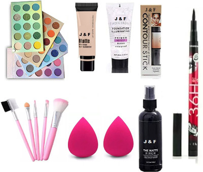 J & F 60 Clr Eyeshadow,Primer,Fixer,Foundation,5 Pc Brush,Puff,Contour,Eyeliner(8 Items in the set)