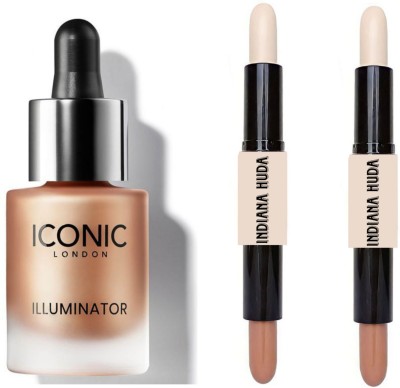 INDIANA HUDA ORIGINAL(Champagne Shimmer) Iconic illuminator highlighter & 2 PCS Dual-Ended, 2 IN 1 Contour Stick FOR FACE Contouring(3 Items in the set)