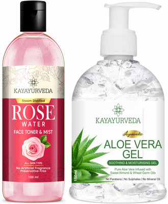 KAYAYURVEDA Aloevera Gel 150ml and Rose Water Toner 100ml Multipurpose Use Combo(2 Items in the set)