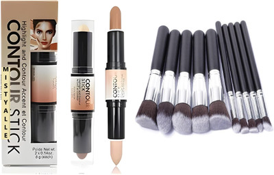 MISTY ALLE 10 Pce makeup brushes with 2pc 2 in 1 contour highlighter stick(12 Items in the set)