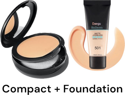 Daegu POWDER Pore-less Oil Control Compact Powder & Matte Finish Pore-less Liquid Tube Foundation Combo Kit(2 Items in the set)