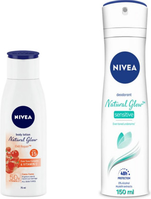 NIVEA Natural Glow Cell Repair Lotion - 75ml & N.G. Sensitive Deodorant - 150ml(2 Items in the set)