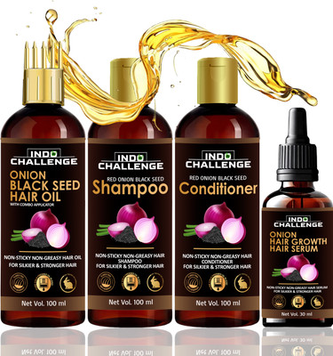 Indo Challenge Red Onion Hair Oil Shampoo conditinoer Anti Hair Loss Oil With Black Seed -combo(4 Items in the set)
