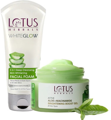 LOTUS HERBALS Active Aloe + Niacinamide Brightening Boost Gel 50g with WhiteGlow 3 In 1 Deep Cleansing Skin Brightening Facial Foam 200g(2 Items in the set)