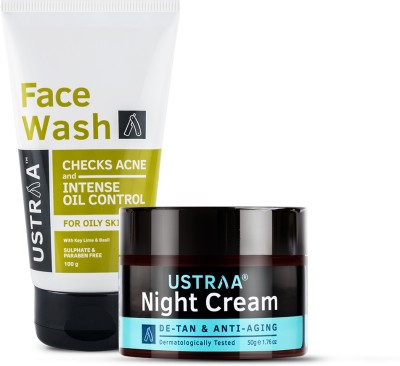 USTRAA Face Wash - Oily Skin (Checks Acne & Oil Control) - 100 g & Night Cream - De-tan and Anti-aging - 50 g(2 Items in the set)