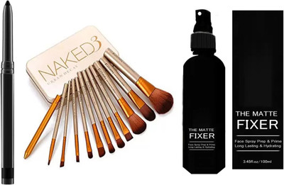 SUBHMUN Kajal & Naked3 Set of 12 Eyeshadow Foundation Makeup Brush & Fixer Face Spray(14 Items in the set)