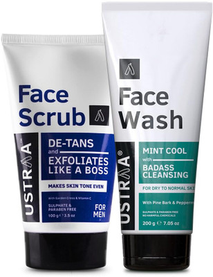 USTRAA Face Wash - Dry Skin (Mint Cool) - 200g & Face Scrub for de-Tan - 100 g(2 Items in the set)