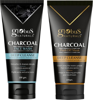 Globus Naturals Charcoal Detoxifying Combo Kit for Exfoliation, Anti-acne & Pimples, Blackhead Removal for Men & Women|Face Wash & Peel Off Mask(2 Items in the set)