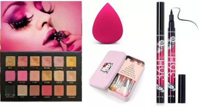SHEFFO Puff & 36H Eyeliner & Set of 7 Makeup Brush,Rose Gold Blushed Eyeshadow Palette(10 Items in the set)